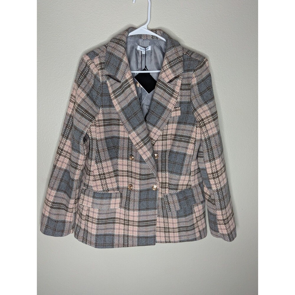 Area Stars Plaid Double Breasted Blazer Women’s L Pink Gray Preppy NWT